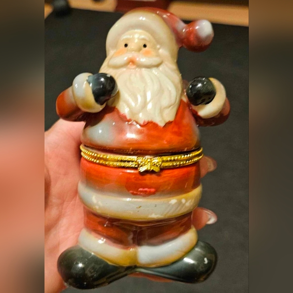Santa Claus Christmas Holiday 5" Hinged Trinket Box Gold Belt Glazed Ceramic
